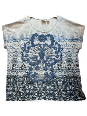 Chico's Women's Embellished Embroidered T-Shirt Top Short Sleeve Sz 3 White Blue